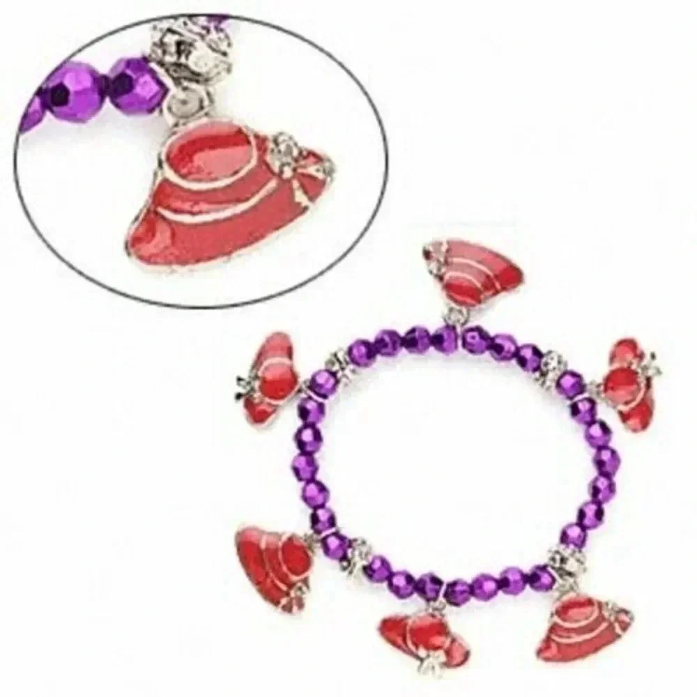 Hand Crafted Red Hat Club Purple Silver Beads Stretch Enamel Charm Bracelet